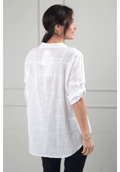 By Saygı Kadın Pul Detaylı Tek Cepli Oversize İthal Keten Gömlek Beyaz