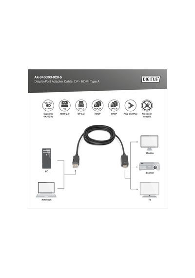 Digitus Displayport Adaptör Kablosu, Dp - Hdmı Tip A 2m Ak-340303-020-s 2m