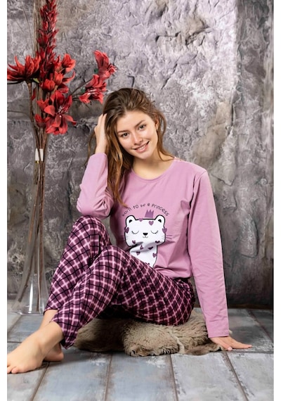 Lukitus Uzun Kol Likralı Desenli Kadın Pijama Takımı Mor
