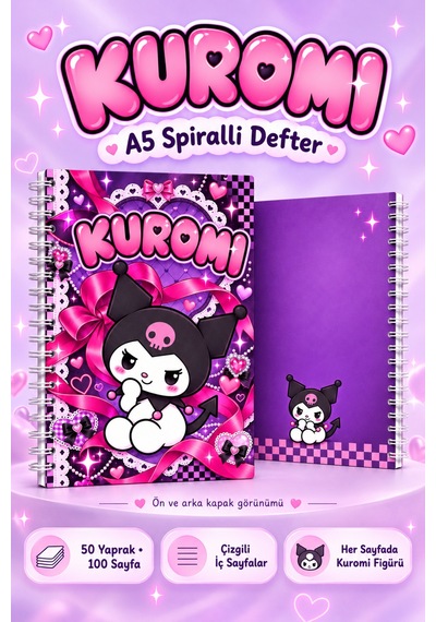 Kuromi Desenli A5 Spiralli Defter 50 Yaprak 100 Sayfa Çizgili Mor Pembe Not Defteri