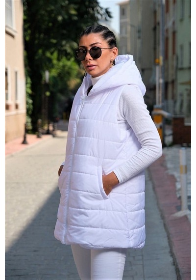 Veraura Lifestyle Beyaz Kapüşonlu Cepli Kolsuz Şişme Yelek