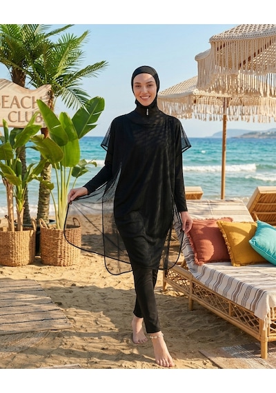 Pierre Cardin Büyük Beden Dik Yaka Fermuarlı İç Giyimli Çift Boneli File Elbiseli Tulum Kadın Tesettür Mayo Siyah Pierre Cardin Büyük Beden Dik Yaka Fermuarlı İç Giyimli Çift Boneli File Elbiseli Tulum Kadın Tesettür Mayo Siyah