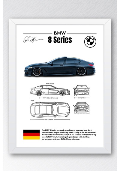 Bmw 8 Serisi Tablo - Teknik Özellikli Alman Grand Tourer Poster - Çerçeveli Duvar Dekoru - Blueprint Beyaz