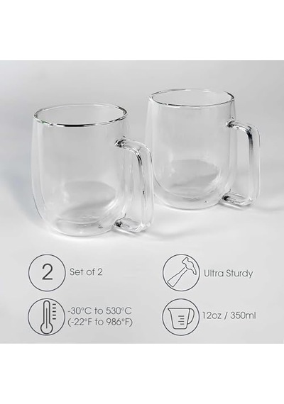 Çift Cidarlı Cam Kupa Ev Ofis Fincanı Çift Katlı Isı Yalıtımlı Kulplu Cam Bardak 2 Adet Helsinki 250 Ml Aeropress