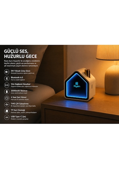 Aura Bluetooth Hoparlör Infinity Ayna Led Işıklı Tws Çift Eşleştirme Bluetooth 6.0 2000mah Şarjlı Taşınabilir Hoparlör Ry-neo1