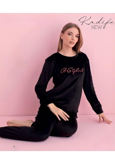 Pijamerry Kadın Kışlık Bisiklet Yaka Kadife Pijama Takımı 3051s - 1 Adet Siyah