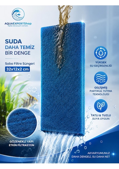 Sobo Akvaryum Filtre Süngeri 32x12x2 Cm - Üstün Temizlik Gücü Ve Yüksek Su Geçirgenliği - Mavi Renk