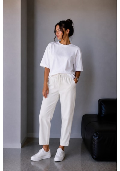 Vadon 1019 Kadın %100 Pamuk Gabardin Lastikli Bel Havuç Kesim Pantolon Beyaz