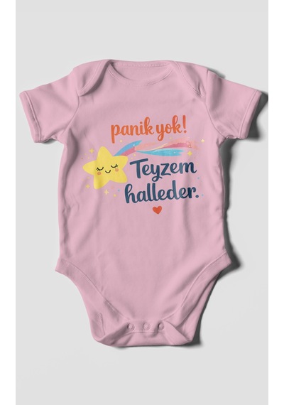 Morivokids Panik Yok Teyzem Halleder Kısa Kollu Bebek Body %100 Pamuk Koyu Pembe