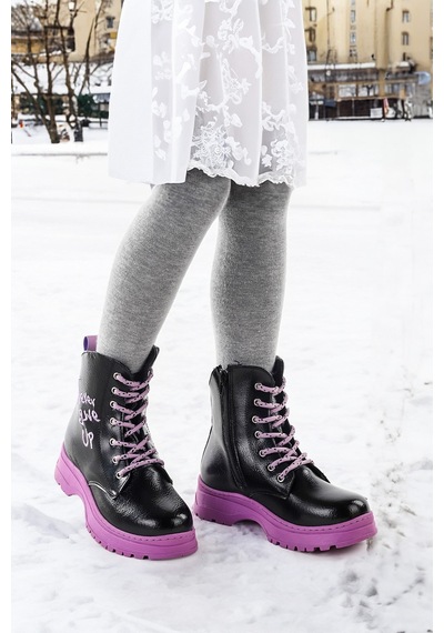 Kiko Kids Termo Taban Kız Çocuk Bot 610 Çatlak Siyah - Lila