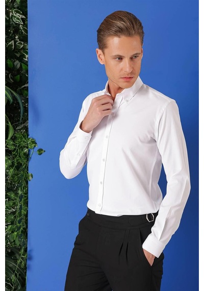 Efor Slim Fit Düğmeli Yaka Pamuklu Klasik Beyaz Gömlek Gk 714 Beyaz