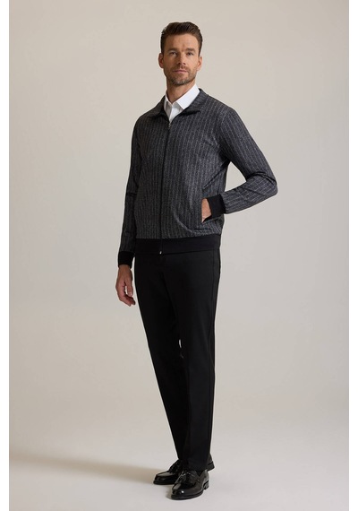 Ysf Erkek Gri Çizgili Fermuarlı Çizgi Desenli Sweatshirt