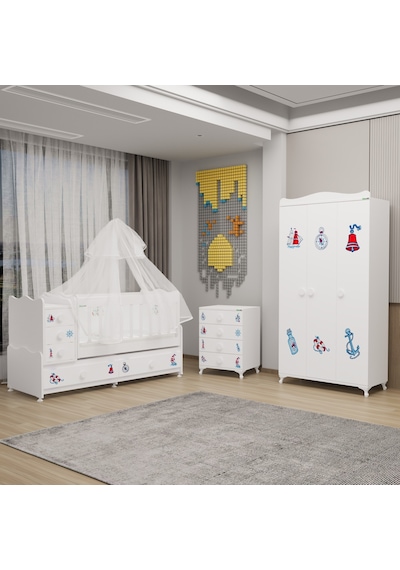 Melina Yıldız 3 Kapaklı Bebek Odası + Yatak + Uyku Seti - Denizci Beyaz