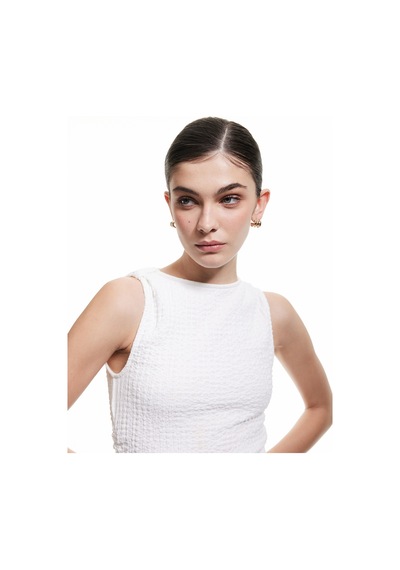 Koton Drapeli Bisiklet Yaka Uzun Kolsuz Slim Fit Kalem Elbise Kırık Beyaz 5sak80031uk Ekru