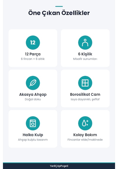12 Parça Kahve Takımı - 6 Parça Akasya Altlık - 6 Parça Düz Fincan Şeffaf