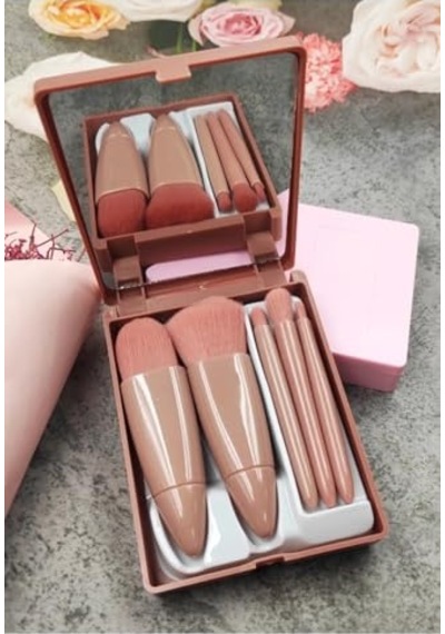 Tr C005 Taşınabilir 5 Parçalı Aynalı Profesyonel Makyaj Fırça Seti - Taşınabilir Mini 10.5cm Bakır Renk