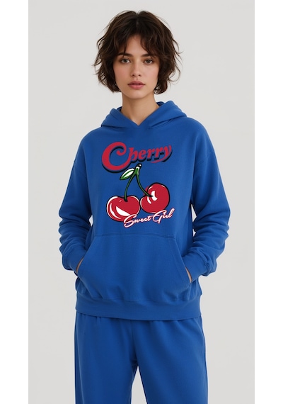 Uyguntarz Unisex Sweet Girl Cherry Baskılı Tasarım Oversize Sweatshirt Mavi