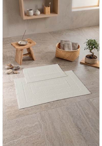 Cotton Box Aura Jakarlı Kaymaz Taban Pamuklu Paspas Seti Frame Krem 60x90+40x60