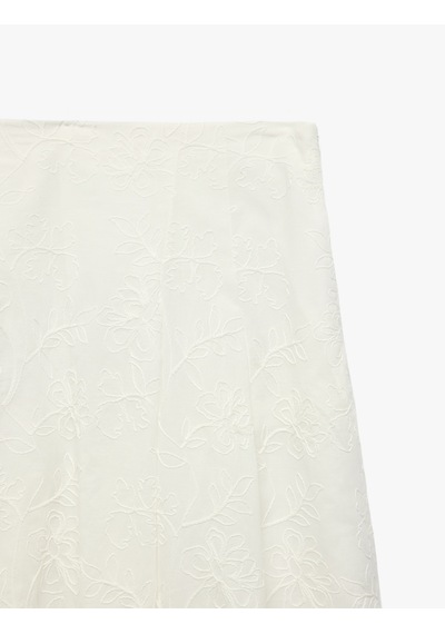 Koton Pamuklu Floral Nakış Detaylı Cepli Midi Kloş Etek Kırık Beyaz 6sak70250ew Ekru