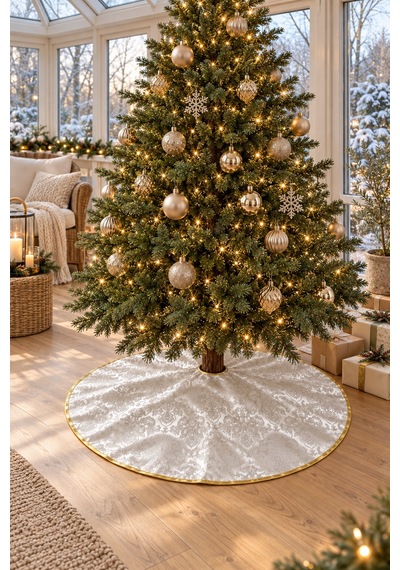 Çam Ağacı Altı Etek Örtüsü 120 Cm Gold Biyeli Beyaz Damask Desenli Yılbaşı Örtüsü