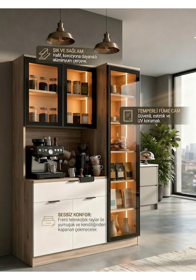 Dream Premium Kahve İstasyonu - Kahve Köşesi Ve Mutfak Ünitesi - Safir Meşe Füme Temperli Camlı Led Modül Safir Meşe Dream Premium Kahve İstasyonu - Kahve Köşesi Ve Mutfak Ünitesi - Safir Meşe Füme Temperli Camlı Led Modül Safir Meşe