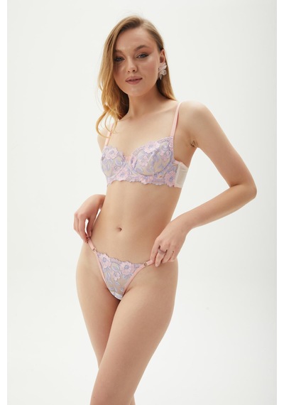 Arinda Romantic Zarif Çiçek Desenli İşlemeli Balenli Kapsız Bralette Sütyen Tanga Alt Üst İç Çamaşırı Takımı 2 Parça Somon