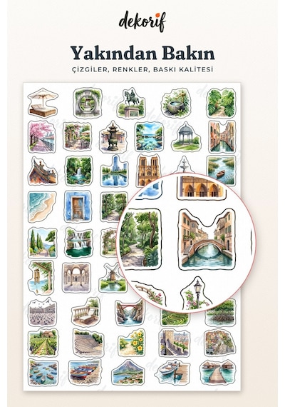 Sevimli Şehir Sticker Seti 100 Adet - Rüya Şehirler Suluboya Ajanda Journal Defter Laptop Çıkartma Çok Renkli