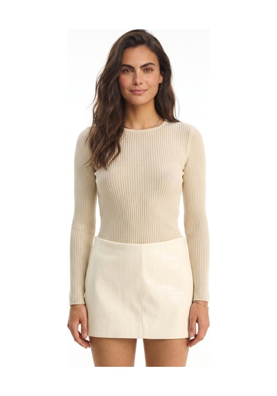 Onloox Kadın Krem Krem Fitilli Viskoz Karışımlı Triko Bisiklet Yaka Vücudu Saran Pul Detaylı Yaldızlı Bluz
