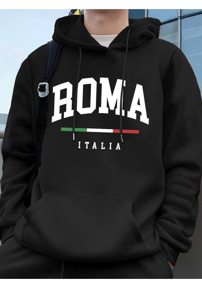 Startmore Startmoreroma Italia Mektup Baskı Erkek Tişörtü Kış Cep Kapüşonlular Moda Polar Sıcak Büyük Boy Kazakl Siyah
