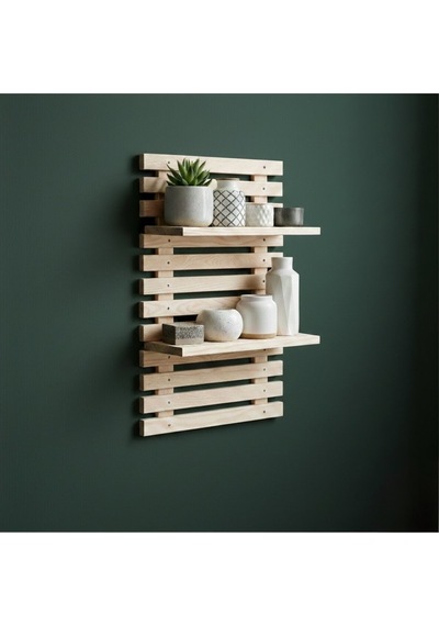 Woodify Yapışkanlı Doğal Ahşap Duvar Rafı - 50x30 Cm Matkapsız Montaj Dekoratif Mutfak Banyo Rafı Bej