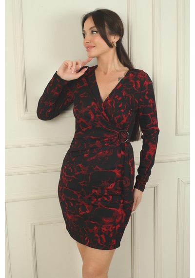 By Saygı Kruvaze Yaka Toka Detaylı Desenli Likralı Elbise-39751 Bordo