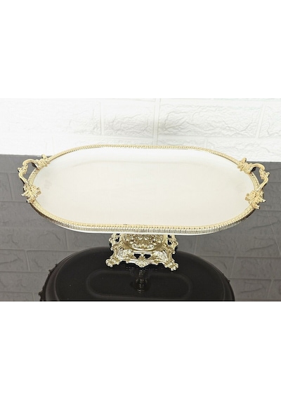 Porselen Büyük Sade Kayık Sunumluk Döküm Gold Çerçeveli Ve Ayaklı 33 Cm Beyaz