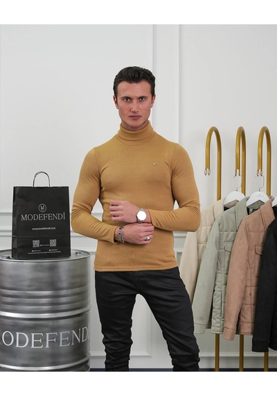 Modefendi Slim Fit İtalyan Kesim Tam Balıkçı Boğazlı Kazak Sarı