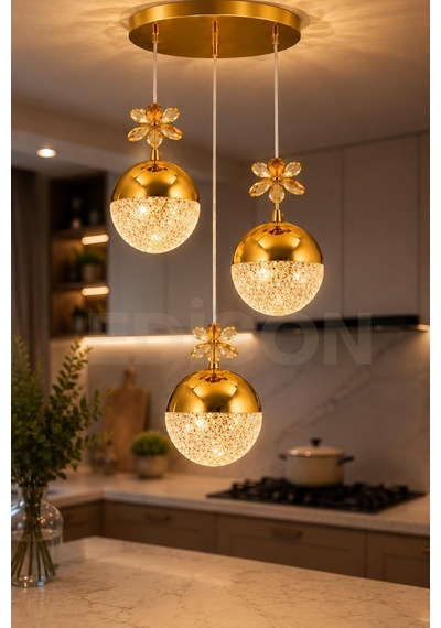 3'lü Gold Kristal Sarkıt Avize, Led Modern Salon Yemek Masası Mutfak Dekoratif Avize, 20 X 25 Cm Diğer
