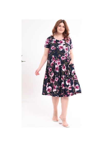 Madwilo Kadın Lacivert Pembe Floral Desen Cepli Salaş 42-54 Uyumlu Standart Beden Esnek Elbise