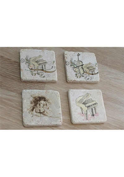 Müzik Aletleri Doğal Taş Bardak Altlığı 4'lü Set - Natural Stone Coasters - Taş Beyaz