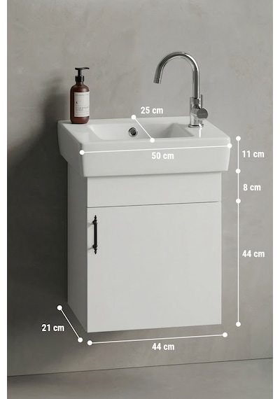 Lale 50x25 Cm Beyaz Mdf Seramik Lavabolu Asma Banyo Alt Dolabı