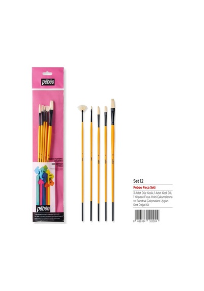 Pebeo Fırça Seti Beyaz Brıstel Kıl Uzun Sap No:2 6 8 12 Yelpaze Fırça No:2 5 Li Set 12