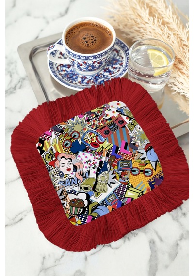 Pop Art Şıklığı Saçaklı Sunum Dekorasyon Mendili-renkli Retro Bohem Kırmızı Saçak Kahve Yanı Peçete Çok Renkli