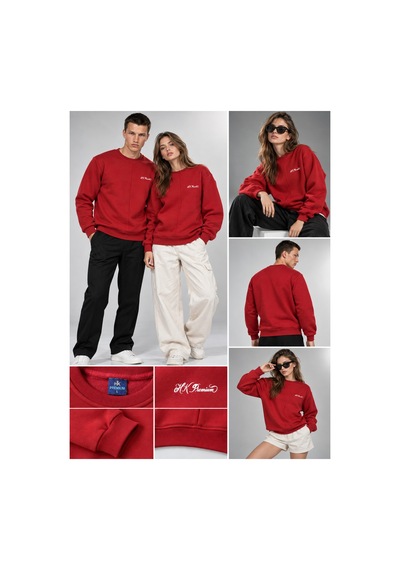 Hk Premium Sweatshirt Bisiklet Yaka Hk Premium Logolu Erkek Basic Kırmızı