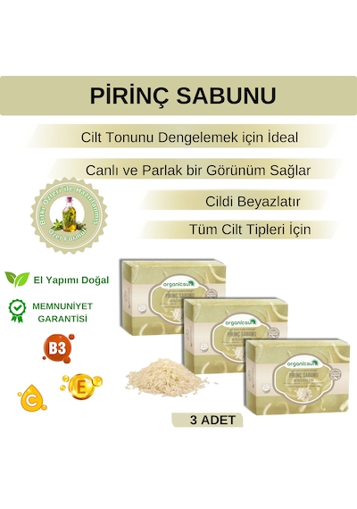 Organicsun Doğal Pirinç Sabunu 140 Gr X 3 Adet Tüm Cilt Tipleri İçin Beyazlatıcı Etkili