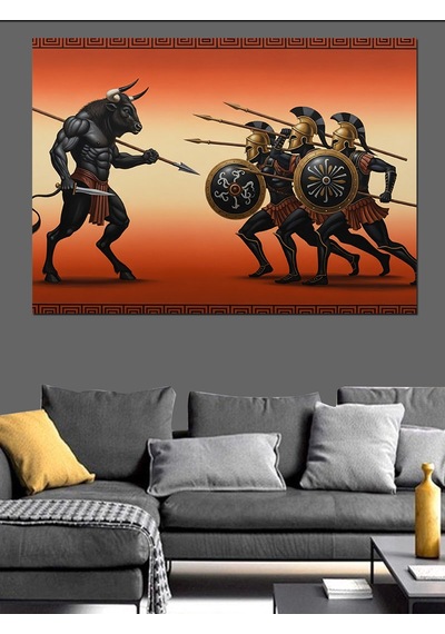 Ahşap Tablo Boğa Ve Antik Savaşçılar Karşılaşması