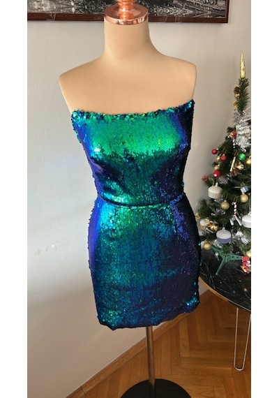 Chica Rosa Fashion Yeşil Pullu Straplez Mini Elbise Yeşil