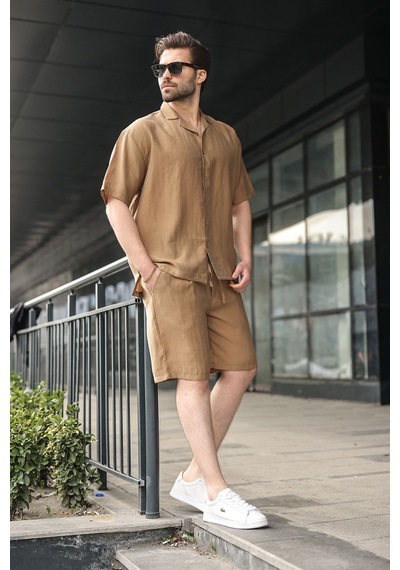 Madmext Camel Tensel Kumaş Erkek Şort Gömlek Takım E7352 Camel