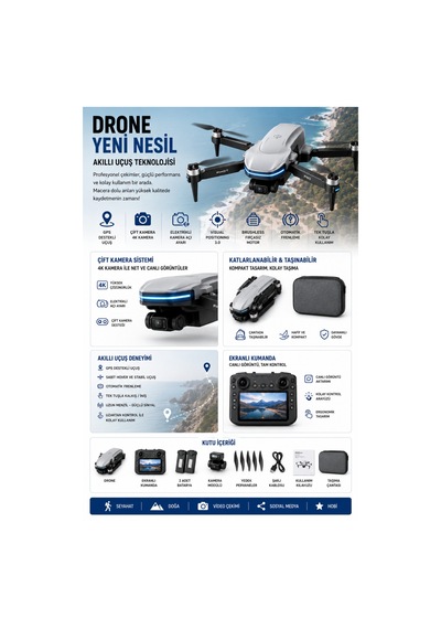 Gps Drone 4k Çift Kamera Ekranlı Kumanda 2 Batarya Katlanabilir Brushless Motor Beyaz
