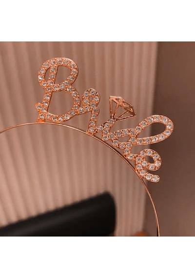 Rose Gold Renkli Taşlı Bride Gelin Tacı El Yazısı Yazı Tipiyle "