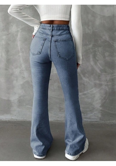Herton Yüksek Bel İspanyol Paça Jean Pantolon - Eskitme Detaylı Full Pamuklu Flare Denim Bebe Mavi