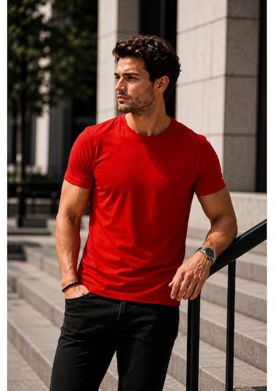 Luxıc Core Erkek Slim Fit Kırmızı Bisiklet Yaka Pamuk Penye Günlük Rahat Basic Tişört