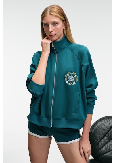 Grimelange Tormenta Kadın Nakışlı Fermuarlı Dik Yaka Çift Cepli Reglan Kol Koyu Turkuaz Sweatshirt Koyu Turkuaz