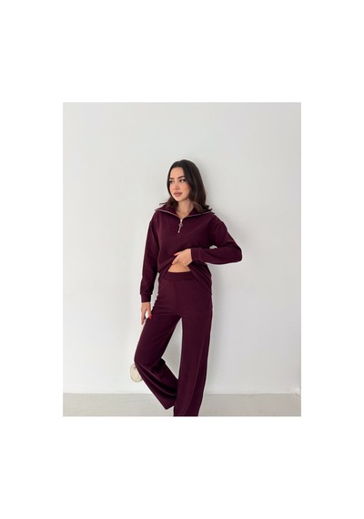 Gugus Kadın Selanik Dik Yaka Fermuarlı Örme Kumaş Alt/üst Takım Bordo